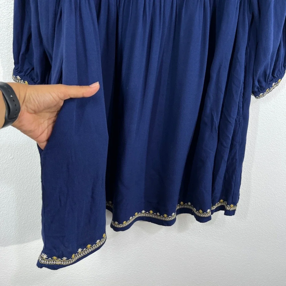 Solitaire Medium Blue‎ Embroidered Rayon Peasant Dress Bohemian Festival